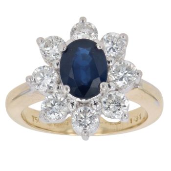 18ct Yellow Gold 1.31ct Brilliant Cut Diamond and Sapphire Cluster Ring