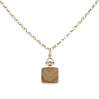 9ct Yellow Gold Onyx and Agate Square Fob Pendant and Belcher Chain 20"