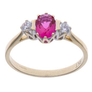 9ct Yellow Gold Created Ruby and Cubic Zirconia Three Stone Ring