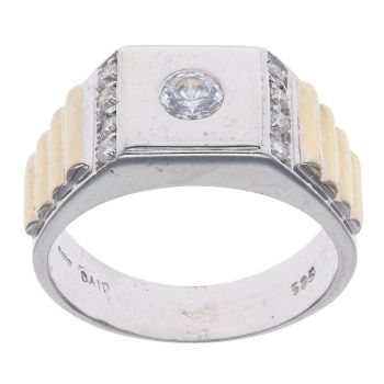 14ct Yellow and White Gold Cubic Zirconia Solitaire Signet Ring