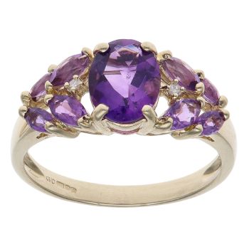 9ct Yellow Gold 0.02ct Diamond and Amethyst Cluster Ring