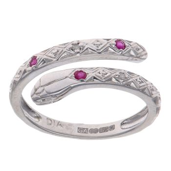 9ct White Gold 0.01ct Diamond and Ruby Snake Ring