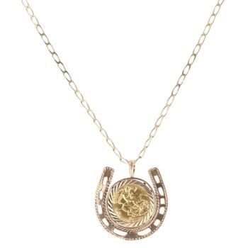 9ct Yellow Gold 1910 Edward VII Half Sovereign Coin And Horseshoe Pendant And Chain 28"