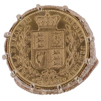 9ct Yellow Gold 1875 Victoria Young Head Australia Full Sovereign Coin Ring