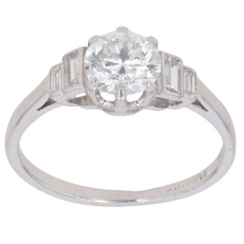 Platinum 0.85ct Brilliant And Baguette Cut Diamond Solitaire Ring