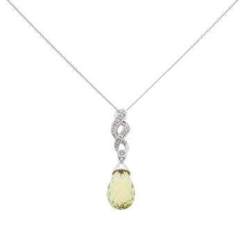 14ct White Gold 0.03ct Diamond And Green Gemstone Pendant And Chain 18"
