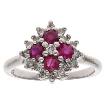 9ct White Gold 0.47ct Brilliant Cut Diamond And Ruby Cluster Ring