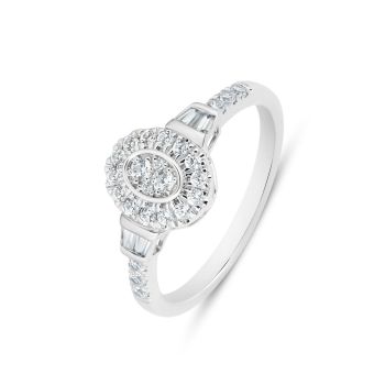 9ct White Gold 0.33ct Natural Diamond Dress Ring with Halo And Baguette Accents