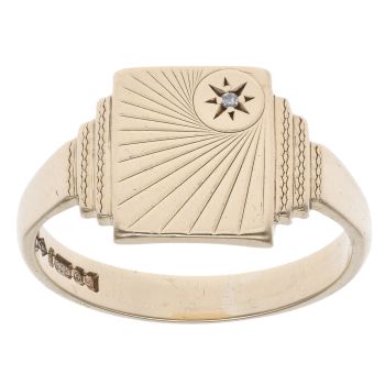9ct Yellow Gold 0.01ct Diamond Patterned Signet Ring