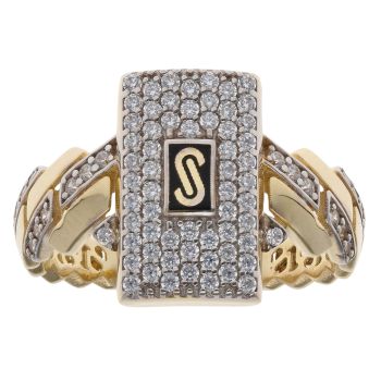 14ct Yellow Gold Monaco Edge Alternative Pave Link Signet Ring