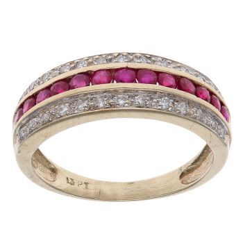 9ct Yellow Gold 0.13ct Diamond and Ruby Three Row Ring