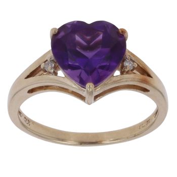 9ct Yellow Gold 0.05ct Diamond and Amethyst Heart Ring