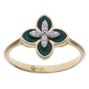 14ct Yellow Gold Cubic Zirconia and Green Enamel Flower Ring
