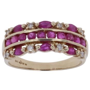 9ct Yellow Gold 0.15ct Diamond and Ruby Fancy Three Row Ring