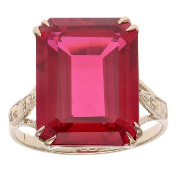 9ct Yellow Gold Created Ruby Diamond Cut Ring