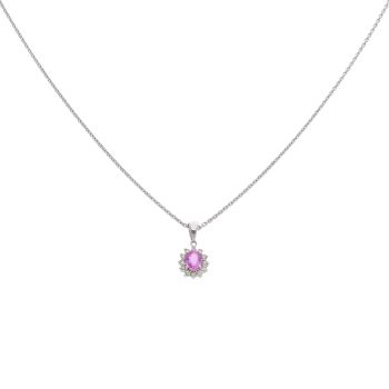 18ct White Gold 0.12ct Diamond And Pink Sapphire Cluster Pendant And Chain 16"