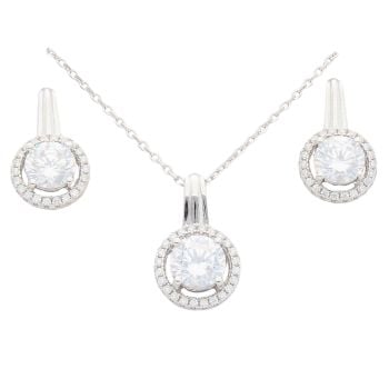 Sterling Silver Cubic Zirconia Halo Pendant and Earring Set