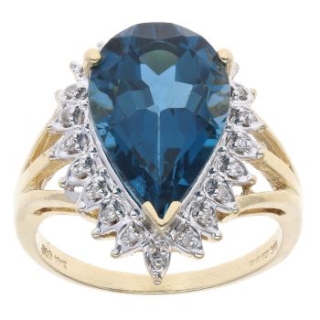 9ct Yellow Gold 0.10ct Diamond And Blue Topaz Cluster Ring