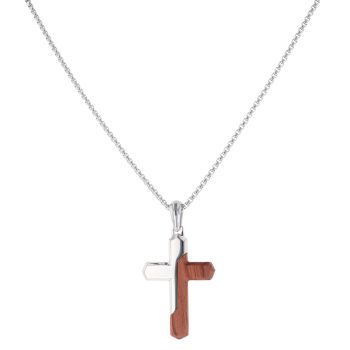 Unique & Co Stainless Steel and Bubinga Wood Cross Pendant and Chain 20"