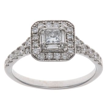 18ct White Gold Princess, Baguette and Brilliant Cut Diamond Cluster Ring