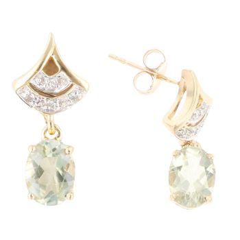 9ct Yellow Gold 0.08ct Diamond And Green Gemstone Drop Earrings