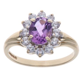 9ct Yellow Gold Cubic Zirconia and Amethyst Cluster Ring