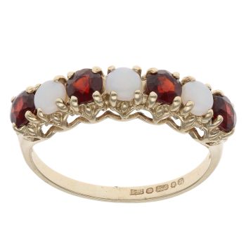 9ct Yellow Gold Garnet And Opal Seven Stone Ring