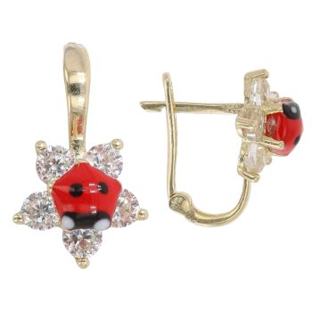 14ct Yellow Gold Children's Cubic Zirconia Flower And Ladybird Earrings