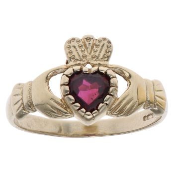 9ct Yellow Gold Claddagh Garnet Heart Ring