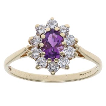 9ct Yellow Gold Amethyst and Cubic Zirconia Cluster Ring