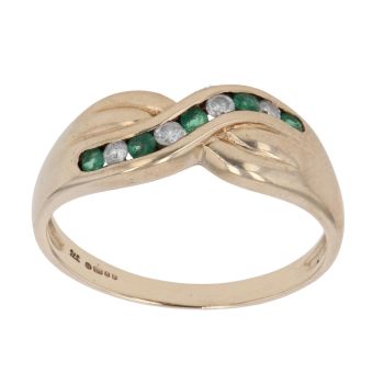 9ct Yellow Gold 0.10ct Brilliant Cut Diamond and Emerald Crossover Ring