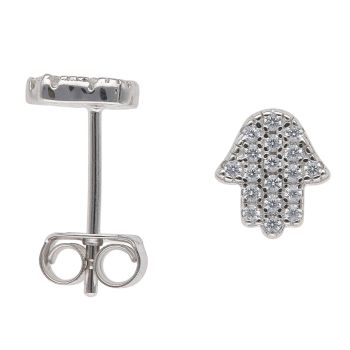 Silver Cubic Zirconia Hand of Hamsa Stud Earrings By Icesia
