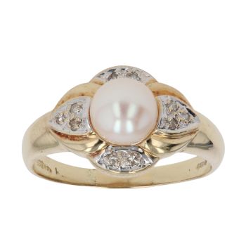 14ct Yellow Gold 0.05ct Single Cut Diamond and Pearl Fancy Ring