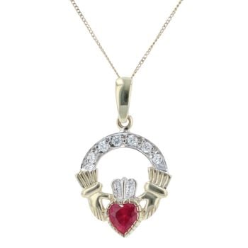 9ct Yellow Gold Cubic Zirconia And Created Ruby Claddagh Pendant And Chain 18"