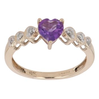 9ct Yellow Gold 0.06ct Diamond And Created Amethyst Heart Ring