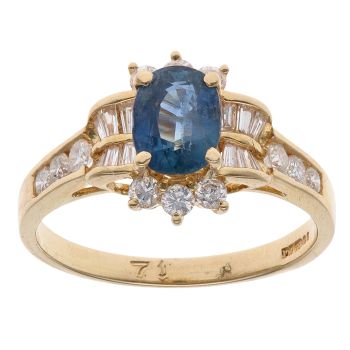 18ct Yellow Gold 0.40ct Brilliant and Baguette Cut Diamond and Sapphire Cluster Ring