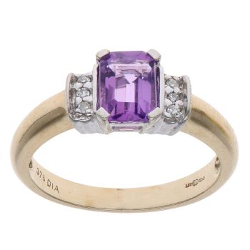 9ct Yellow Gold 0.05ct Diamond and Amethyst Ring