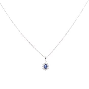 18ct White Gold 0.15ct Diamond And Sapphire Cluster Pendant And Chain 16"
