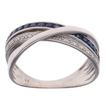 9ct White Gold 0.10ct Diamond and Sapphire Crossover Ring
