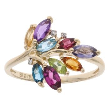 9ct Yellow Gold 0.01ct Diamond And Multi-Gemstone Cluster Ring