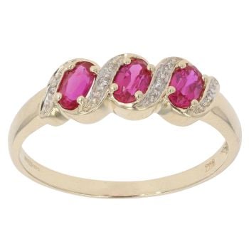 9ct Yellow Gold 0.05ct Diamond and Created Ruby Three Stone Ring