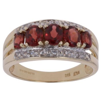 9ct Yellow Gold 0.03ct Diamond and Garnet Three Row Ring