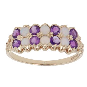 9ct Yellow Gold Amethyst and Opal Two Row Ring