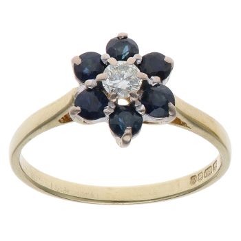 18ct Yellow Gold 0.15ct Brilliant Cut Diamond and Sapphire Daisy Cluster Ring