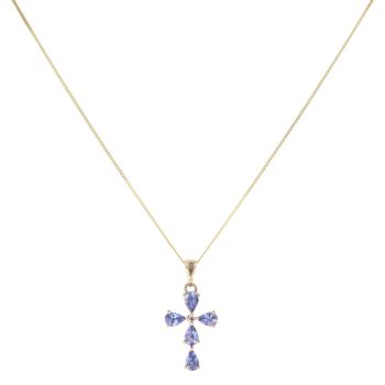 9ct Yellow Gold 0.05ct Diamond and Tanzanite Cross Pendant and Chain 18"