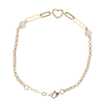 14ct Yellow Gold Cubic Zirconia And Pearl Fancy Heart Bracelet 7.5"