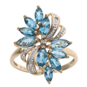 9ct Yellow Gold 0.05ct Diamond and Blue Topaz Flower Ring