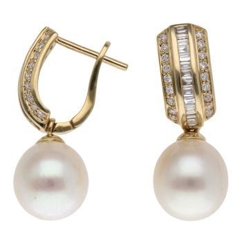 18ct Yellow Gold 0.50ct Brilliant And Baguette Cut Diamond And Pearl Drop Earrings