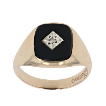 9ct Yellow Gold 0.01ct Diamond and Onyx Signet Ring