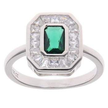 Silver Cubic Zirconia and Emerald Rectangle Ring